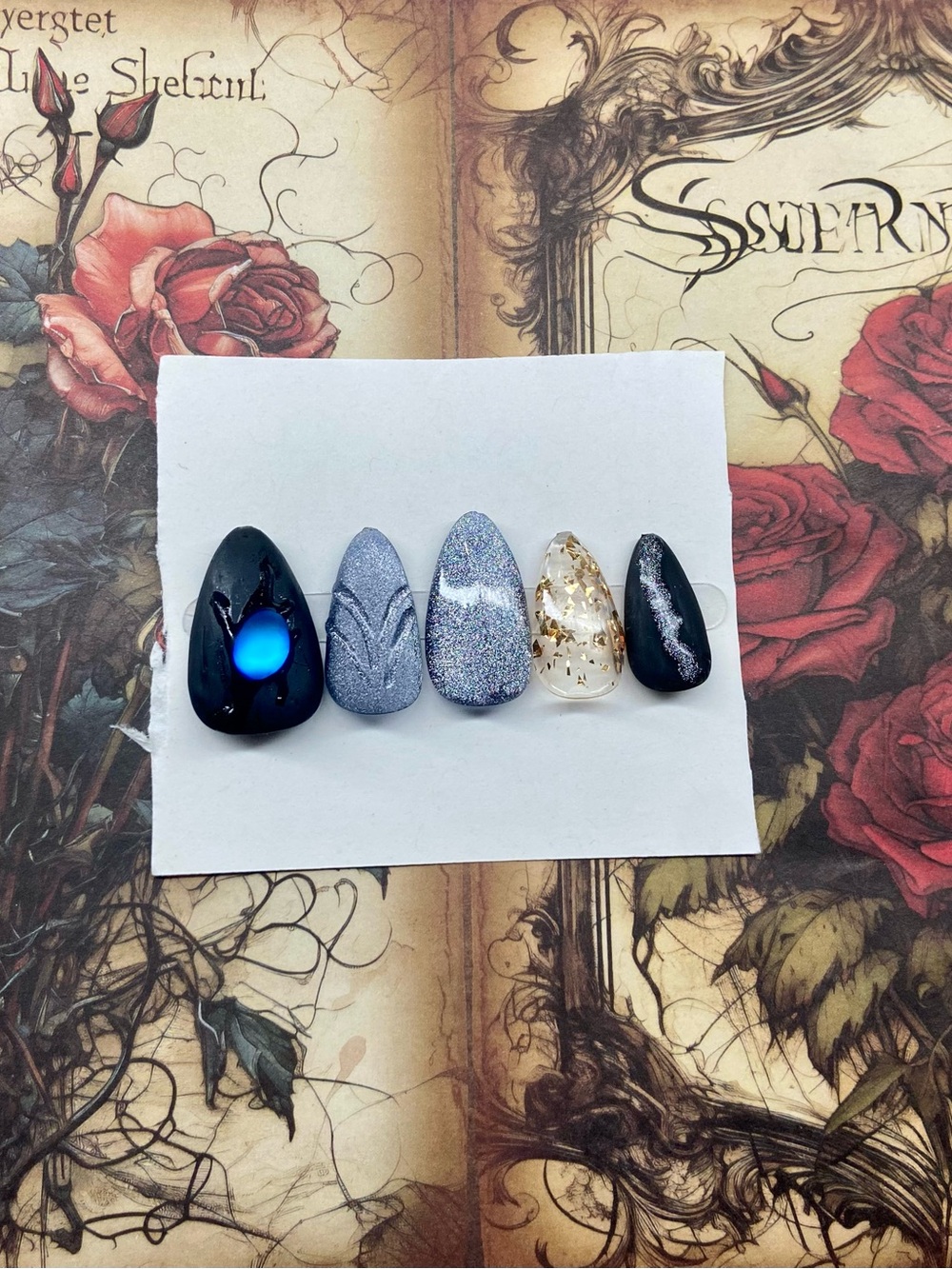 Handcrafted Renfair-Inspired Press-On Nails in Black, Blue, Silver & Gold